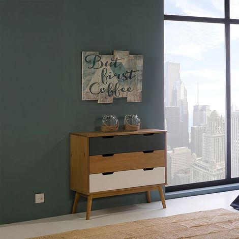 Commode 3 tiroirs en pin naturel, gris et blanc - JIZER