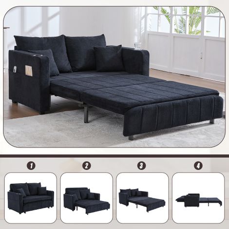 Canapé multifonctionnel en tissu, canapé pliant extensible, utilisable comme canapé ou lit, avec poches de rangement sur les accoudoirs, fonction de chargement USB et porte-gobelets (chenille noire)