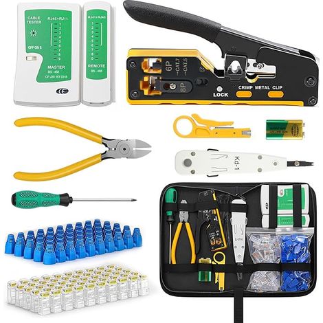 Pince RJ45, Pince à Sertir Kit de Sertissage Traversant pour testeur rj45 Cat5/Cat6/Cat7 avec 50 Connecteurs RJ45, Pince à Dénuder, Testeur Réseau, Compatible RJ11/RJ12 (1/5)
