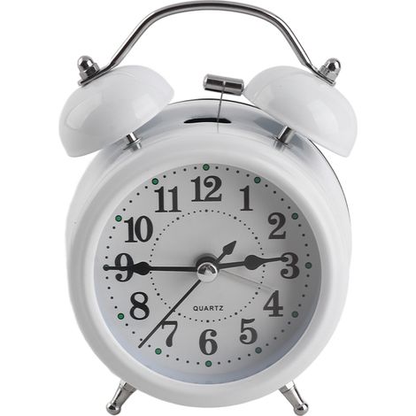Réveil mécanique à double cloche 3 pouces en métal blanc silencieux avec rétroéclairage doux et chiffres arabes lisibles pour chambre (1/5)