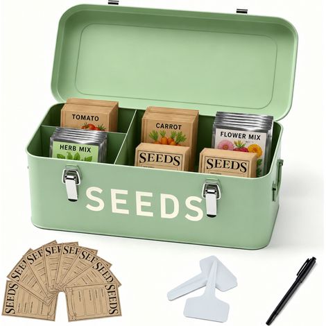 Relaxdays Seed Storage Box, Metal, 30 Plant Labels & Seed Packets, Pen, HWD: 13 x 33 x 18 cm, Sage (1/5)