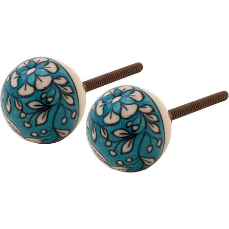 Boutons ronds en céramique fleurs bleues et blanches (Lot de 2)
