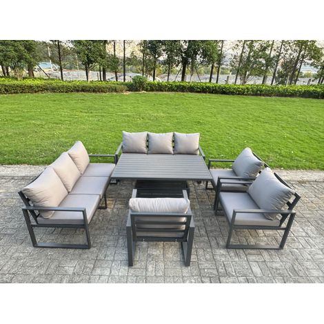 Fimous 6 Piece Garden Furniture Set 9-Seater Aluminium Outdoor Dining Set with Adjustable Rising Lifting Dining Table & Cushions 3 Chairs Dark Grey (1/5)