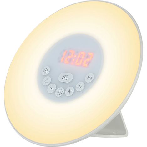 Despertador con simulador de amanecer, radio FM y 6 sonidos naturales, botón de repetición, luz multicolor de 10 niveles para dormitorio. (1/5)
