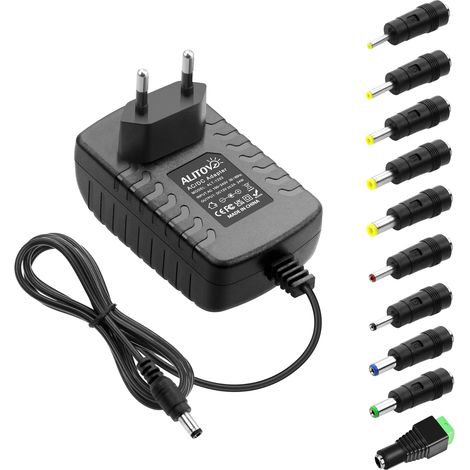 Alimentation 12V 2A DC 12V 24W 2000mA Max Adaptateur d'alimentation universel AC DC 1,5A 1A 0,5A Transformateur de puissance avec 10 embouts pour bande lumineuse LED Haut-parleur Boîtier Radio (1/5)