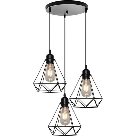Lustre Suspension Cage en forme Diamant Lampe Plafonnier Corde Ajustable Luminaire pour Cuisine Couloir Bar Chambre Noir (1/4)