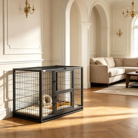 Jaula robusta de acero para perros, diseñada para uso en interiores, con techo abatible y puerta de alimentación integrada. (1/5)