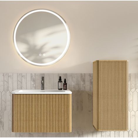 Set mobile bagno con lavabo e specchio LED 60 cm sospeso, rovere (1/5)
