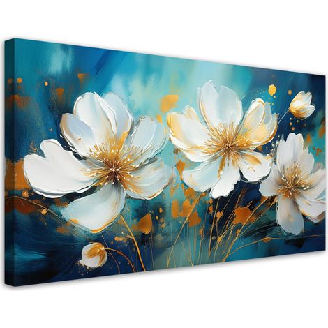Tableau déco Fleurs blanches peintes sur fond turquoise 100x50 (1/5)