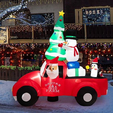 Camion de Noël gonflable rouge 220 cm avec Père Noël, sapin, LED et personnages pour jardin, terrasse et extérieur (1/5)