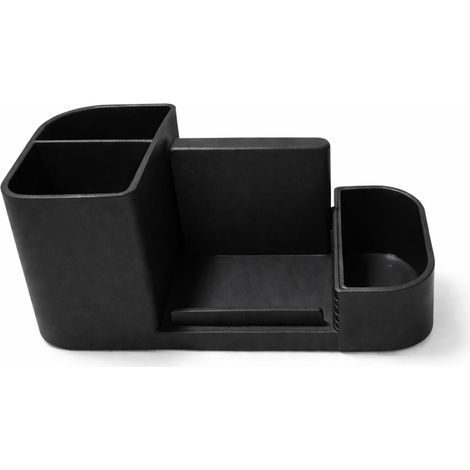Organizador de escritorio negro con soporte para teléfono y contenedor para objetos pequeños.