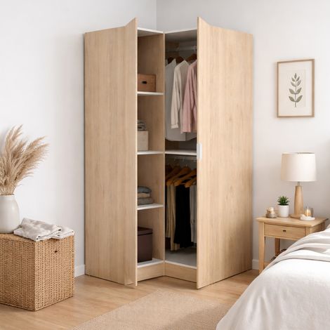 Dmora – Armoire d'angle 2 portes 91x93h184 cm – Chêne mélaminé – Compartiments réglables – Design moderne pour chambre à coucher
