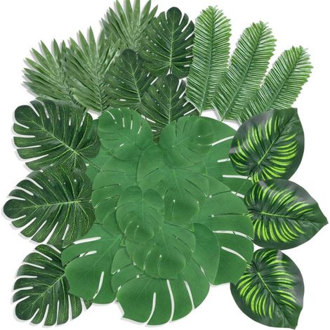Set Décoration Jungle - 88 Feuilles de Monstera et Palmier Artificielles, Vertes avec Tiges, Anti-UV pour Intérieur/Extérieur,Décoration Murale (1/5)