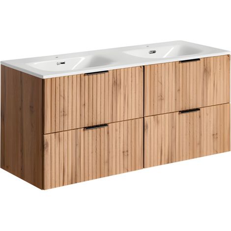 NOXERA Badezimmer-Set 120 cm – Wotan-Eiche – Waschtischunterschränke mit eingelassener Doppelwaschbecken und Siphons