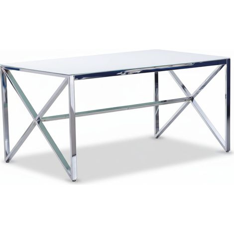 Table à Manger Chrome Verre Trempé Marbré Blanc – 150×90 cm – MAJESTIQUE (1/4)