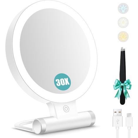 Doppelseitiger Spiegel (1x/30x) mit LED-Beleuchtung, 3 Modi, 2000-mAh-Akku, kompakt und faltbar für Reise-Make-up