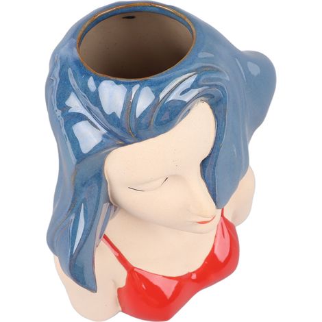 Vase en forme de visage de fille, sculpture décorative moderne en céramique, vase à fleurs pour salon, chambre ou bureau, bleu (1/5)