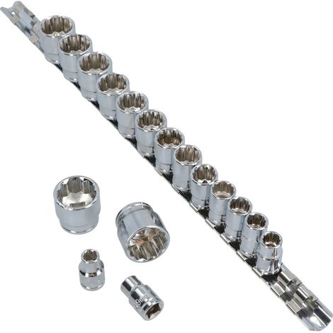 Juego de llaves vasos 3/8" cortos 12 caras de 8 a 24mm en rail, 17 piezas