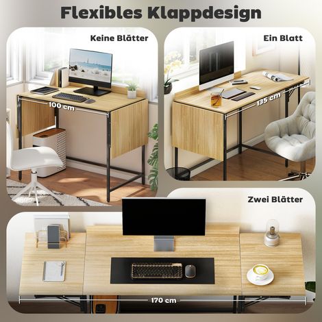 Bureau pliable avec 2 rallonges coulissantes, vaste surface pour moniteurs, piètement métallique, structure solide, chêne et noir (1/4)