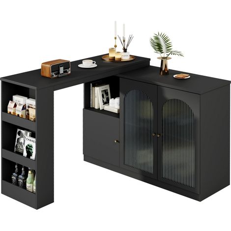 Table bar pivotante 360° 120x40x97cm – Buffet moderne noir avec porte vitrée – Meuble de rangement avec étagères ouvertes