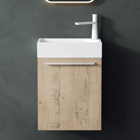 Mai & Mai Badmöbelset Pisa Kleiner Waschbeckenunterschrank 46 cm, Unterschrank in Eiche Greige, mit Waschschbecken aus Mineralguss und Spiegel für Gäste-WC (1/5)