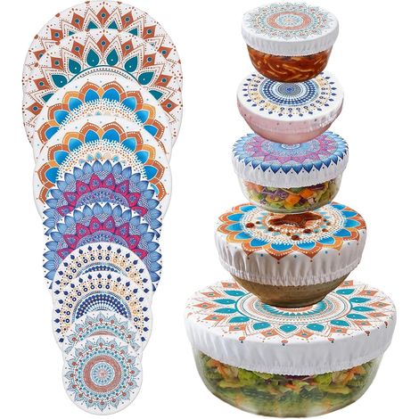 Lot de 10 couvercles réutilisables pour aliments, 10 x 10 cm, avec élastique pour la conservation, pour salade en verre, pot, motif fleurs séchées (1/5)