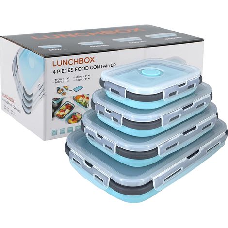 Récipient pliable en silicone avec couvercle,boîte à lunch portable pour pique-nique en plein air,peu encombrant,résistant au micro-ondes,au lave-vaisselle et au congélateur,lot de 4 (bleu et gris) (1/5)