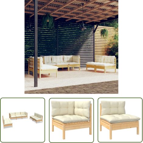 The Living Store 7-tlg. Garten-Lounge-Set mit Creme Kissen Massivholz Kiefer - Gartenzubehör - Lounge Set - Gartenmöbel - Esszimmergarnitur - Outdoor Möbel (1/5)