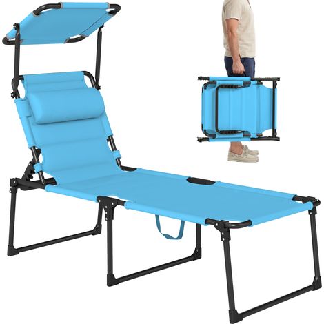 Chaise longue de jardin avec auvent réglable, dossier et appui-tête réglables en 4 positions, adaptée aux terrasses, dimensions 70x200x45 cm, bleu clair.