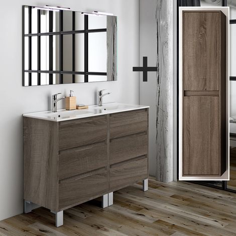 Ensemble meuble de salle de bain 120cm double vasque + colonne de rangement - Britannia (chêne foncé) - TIRIS (1/5)