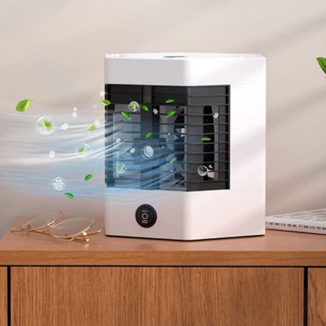 Mini climatiseur portable à humidification personnelle par évaporation, ventilateur idéal pour la chambre ou le bureau. (1/5)