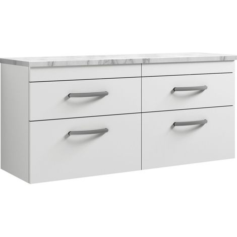 Millwich Contemporary 4 Drawer Wall Hung Vanity Unit with Laminate Carrara Marble Worktop, Gloss White, 1200mm
