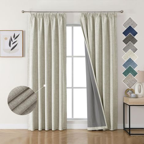 100% Rideau Occultant Thermique en Lin avec Galon Fronceur 140x245 cm 2 Pièces, Rideau Isolant Thermique Anti Froid et Chaleur à Passe Tringle pour Décoration de Porte Fenêtre (1/5)