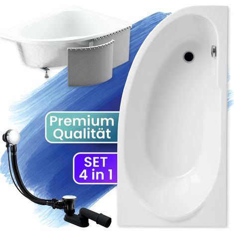 Badewanne Eckbadewanne 140x70 Rechts mit Styroporverkleidung, Ablauf & Füße GRATIS - Komplettset 4in1 Original Acryl Wanne Siphon - BADLAND MIKI