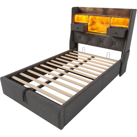 Polsterbett Schwebebett mit LED-Beleuchtung, Kopfteil und Ladestation(1 Type-C, 3 USB-Anschlüsse), Modern Einzelbett mit Stauraum-Kopfteil und lattenrost, Leinen(Ohne Matratze)