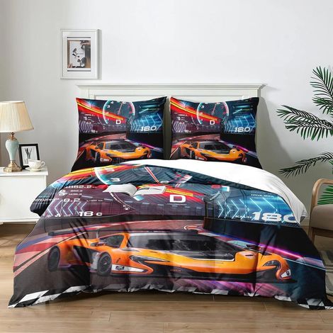 Ensemble de literie Voiture de course pour enfants 220x240 cm microfibre avec 2 taies d'oreiller