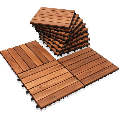 Holzfliesen aus Akazien Holz 30x30cm. 6 Latten Fliese 3m². Bodenfliesen für Terrassen und Balkon(33 Stück)