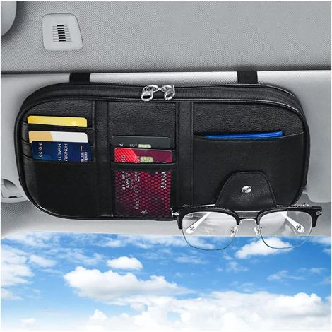 Porte-cartes de voiture Organiseur de visière solaire en cuir, pochette de rangement pour permis, clés, téléphone, factures et documents, accessoire intérieur auto (1/5)