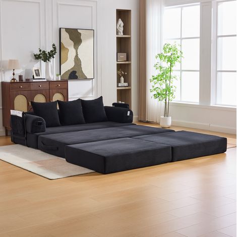 Canapé modulaire en velours côtelé noir avec pouf 200x190x67 cm, rangement latéral (1/5)
