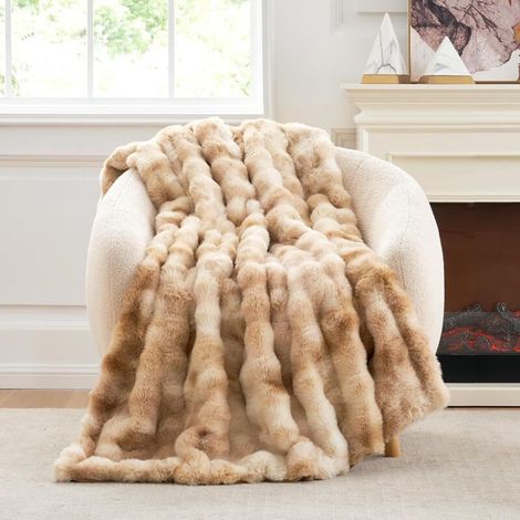 Couverture en fausse fourrure pour canapé - Confortable et douce - Chambre et salon - 130 x 160 cm - Camel clair (1/4)