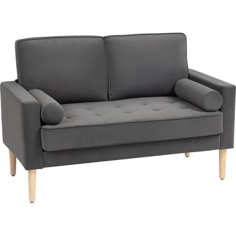 Canapé 2 places banquette moderne en velours 127 cm avec coussins épais, 2 oreillers et assise capitonnée, gris