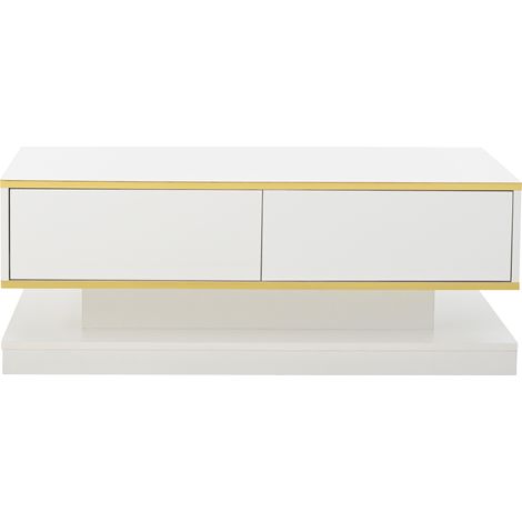 Mesa de centro brillante 100 x 50 x 38 cm con 2 cajones, blanco cálido y borde dorado (1/5)