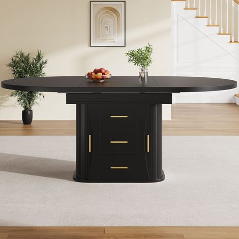 Table à manger extensible ovale ronde, meuble cuisine transformable 118-158 cm, 6 places, rangement 3 niveaux, noir (1/5)