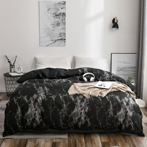 Ensemble de literie 3 pièces en polyester marbré, housse de couette et taie d'oreiller, taille double européenne (noir) (1/5)