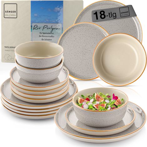 Service de table 18 pièces en faïence pour 6 personnes - 6 assiettes plates, 6 assiettes à dessert - 6 bols et bols gris (1/5)