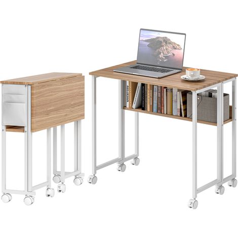 Escritorio plegable con ruedas, balda y bolsillo almacenaje, blanco y natural, 80x50x75 cm