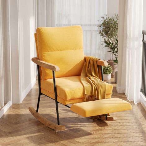 ADWOLT Fauteuil à Bascule,Rocking Chair avec avec repose-pieds extensibles,Scandinave,Pieds en Bois Massif,Coton et lin,jaune,64x97x94cm (1/5)