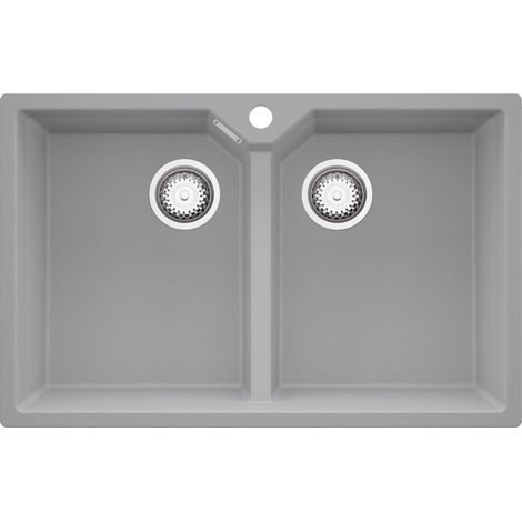 PRIMAGRAN Evier Cuisine en Granit 78x50cm, Lavabo 2 bacs + Kit de Vidage, Évier à Encastrer au meuble 80cm - Madrid Twin, Gris (1/5)