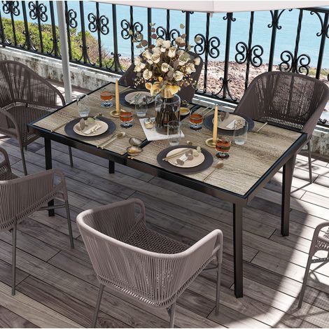 CHICFURN Tavolo da giardino 145 x 85 cm in acciaio grigio, piano effetto legno, 6 persone (1/5)