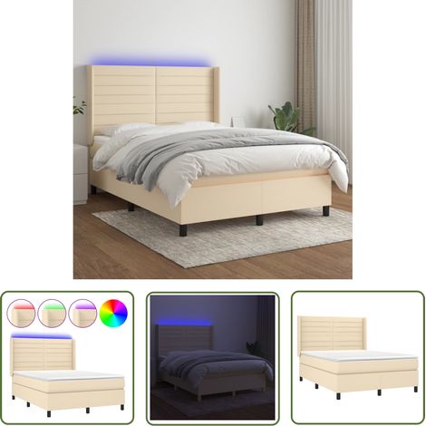 The Living Store Sommier à lattes de lit matelas et LED Crème 140x200 cm Tissu - Sommier Tapissier - Lit Plateforme - Lit Avec Led - Matelas À Ressorts Ensachés - Têted Lit Ajustable (1/5)